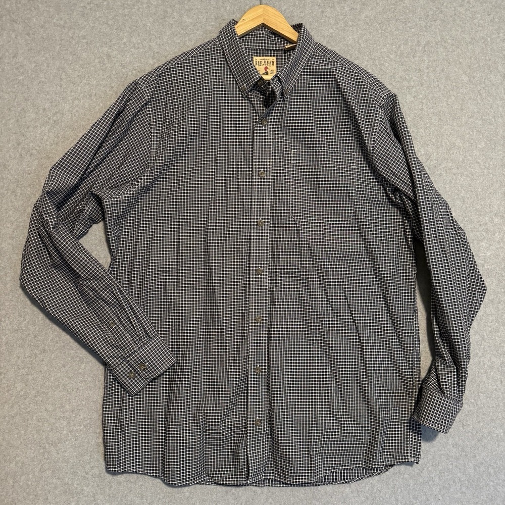 RedHead Brand Co Men Shirt XLT Black White Checkered Plaid Long Sleeve Button Up